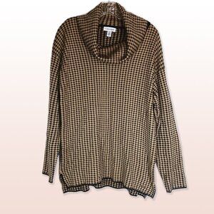 Calvin Klein Cowl Neck Houndstooth Long Sleeved Knit Top Tan & Black Size L